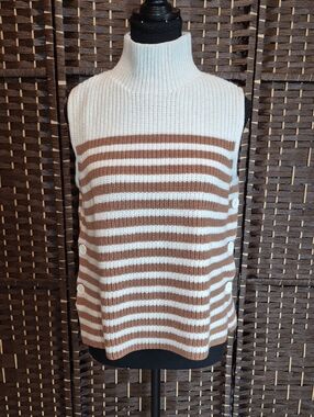 Design History Cream and Brown Striped Sleeveless Turtleneck Knit Vest